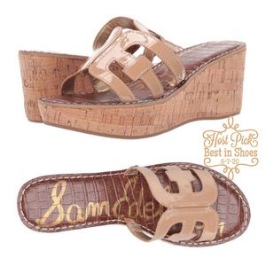 SAM EDELMAN Regis Cork Wedge Patent Leather Sandal
